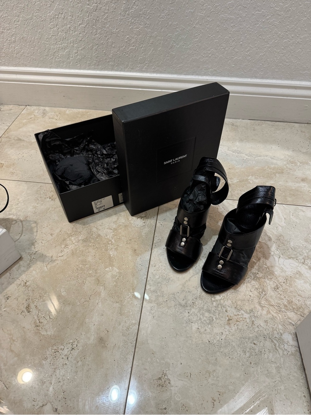 Saint Laurent Black Leather Buckle Open-Toe Sandals